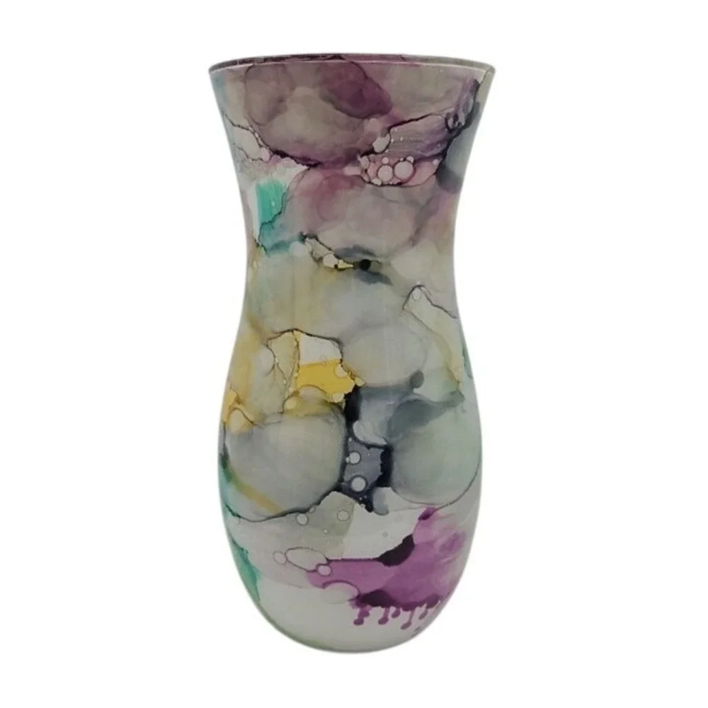 Unique Art Glass Vase Swirls Purple Green Yellow Abstract Design Accent‎ Decor
